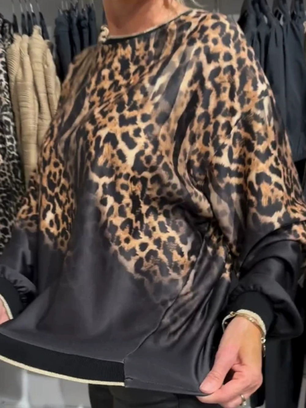 ZARA Fall Winter Round Neck Leopard Print Color Block Long Sleeve Loose Top